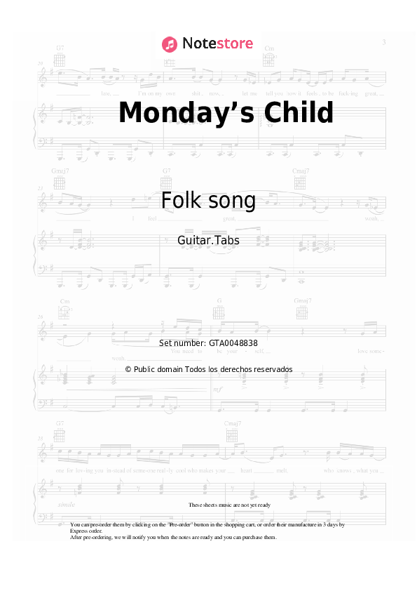 Pestañas Folk song - Monday’s Child - Guitarra.Tablatura