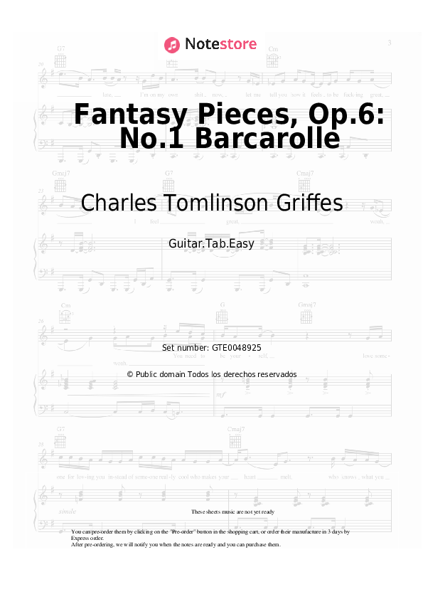 Pestañas fáciles Charles Tomlinson Griffes - Fantasy Pieces, Op.6: No.1 Barcarolle - Guitarra.Tablatura.Easy