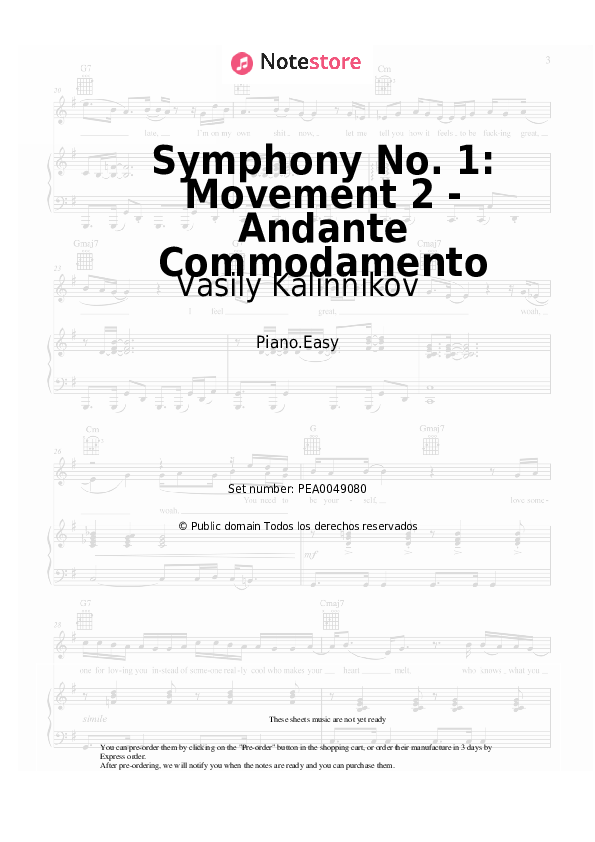 Notas ligeras Vasily Kalinnikov - Symphony No. 1: Movement 2 - Andante Commodamento - Piano.Easy