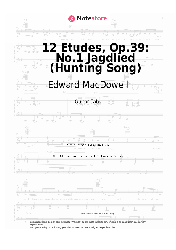 Pestañas Edward MacDowell - 12 Etudes, Op.39: No.1 Jagdlied (Hunting Song) - Guitarra.Tablatura