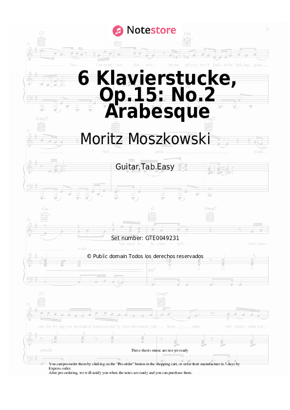 Pestañas fáciles Moritz Moszkowski - 6 Klavierstucke, Op.15: No.2 Arabesque - Guitarra.Tablatura.Easy
