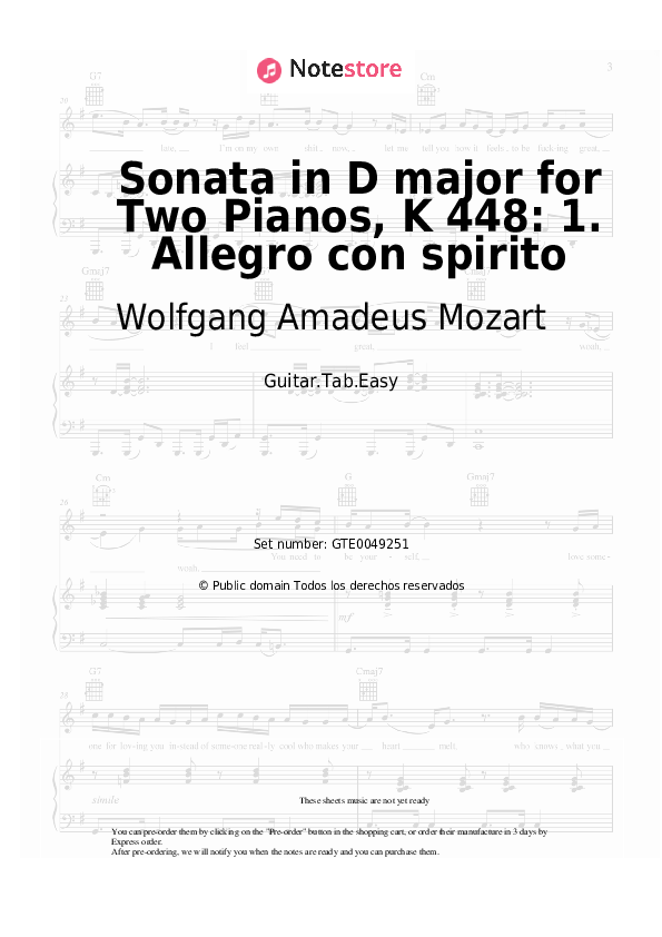 Wolfgang Amadeus Mozart - Sonata in D major for Two Pianos, K 448: 1. Allegro con spirito notas para el fortepiano