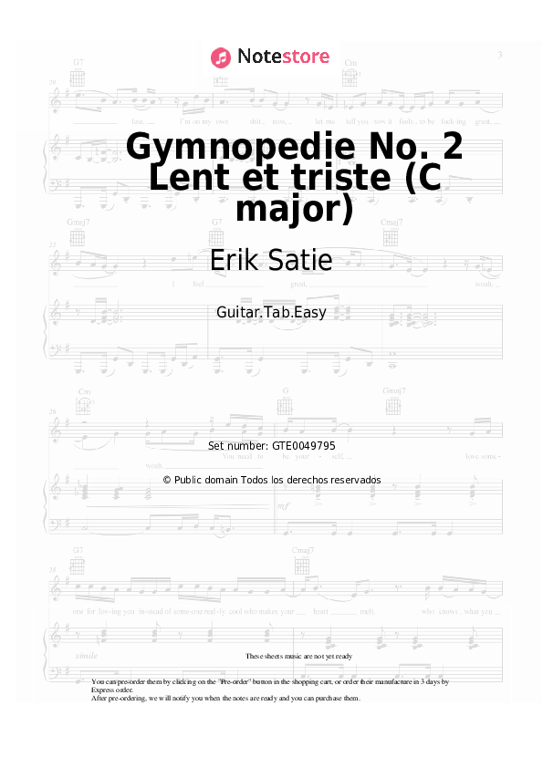 Pestañas fáciles Erik Satie - Gymnopedie No.2 Lent et triste (C major) - Guitarra.Tablatura.Einfach