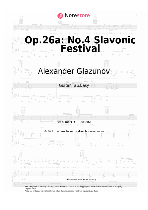 Pestañas fáciles Alexander Glazunov - Op.26a: No.4 Slavonic Festival - Guitarra.Tablatura.Einfach