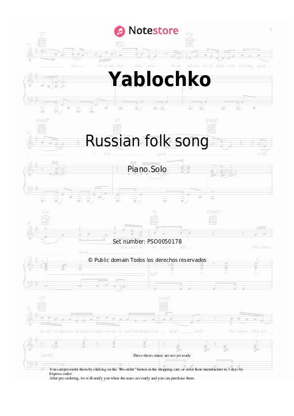 Russian folk song - Yablochko notas para el fortepiano