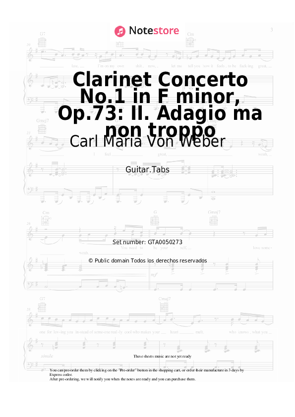 Pestañas Carl Maria Von Weber - Clarinet Concerto No.1 in F minor, Op.73: II. Adagio ma non troppo - Guitarra.Tablatura