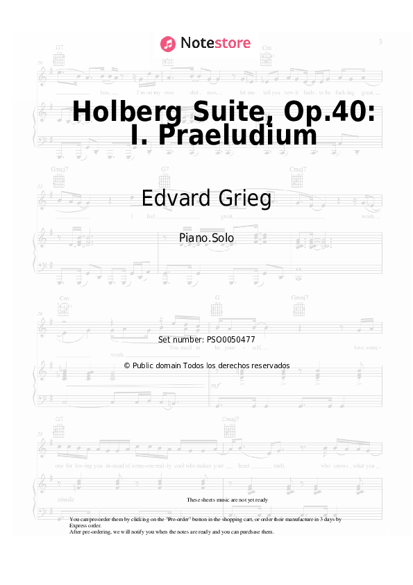 Edvard Grieg - Holberg Suite, Op.40: I. Praeludium notas para el fortepiano