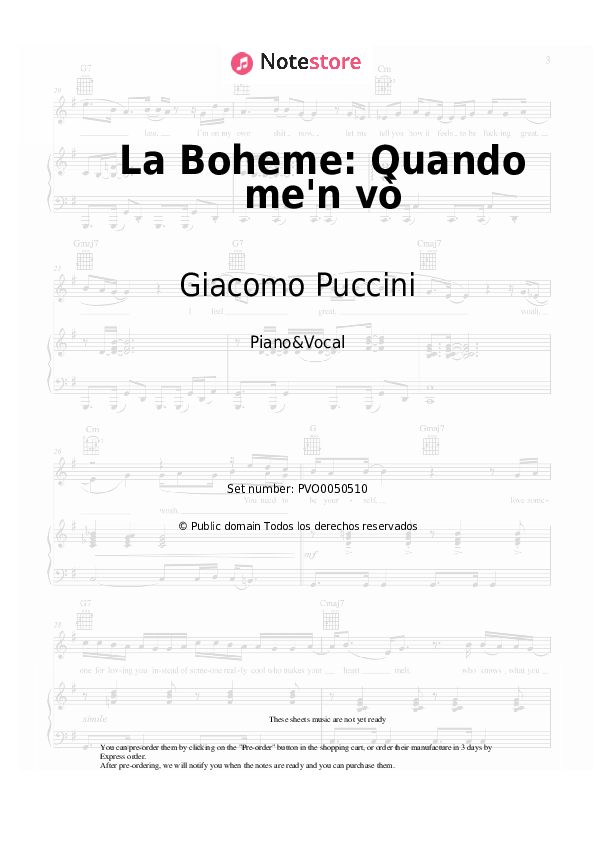 Partituras con voz. Giacomo Puccini - La Boheme: Quando me'n vo - Piano&Vocal