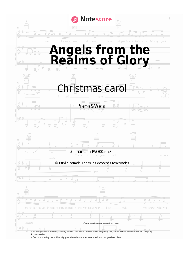 Partituras con voz. Christmas carol - Angels from the Realms of Glory - Piano&Vocal