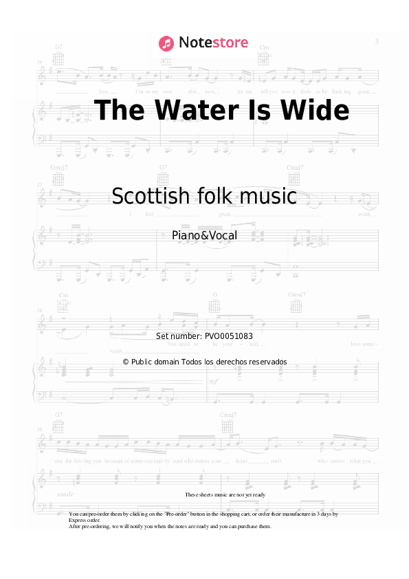 Partituras con voz. Scottish folk music - The Water Is Wide - Piano&Vocal