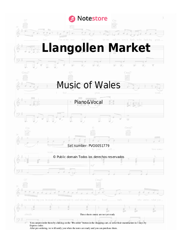 Music of Wales - Llangollen Market notas para el fortepiano