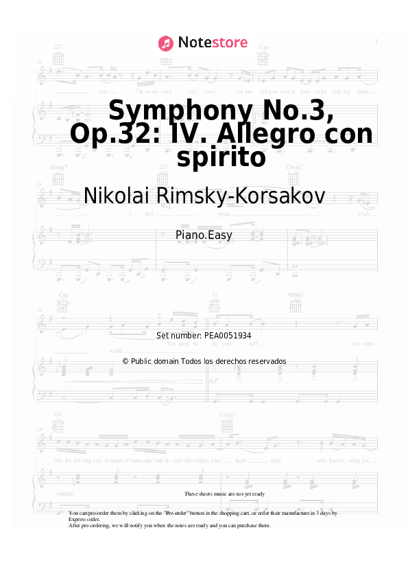 Notas ligeras Nikolai Rimsky-Korsakov - Symphony No.3, Op.32: IV. Allegro con spirito - Piano.Easy