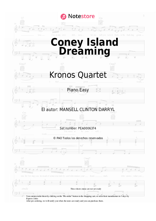 Clint Mansell, Kronos Quartet - Coney Island Dreaming notas para el fortepiano