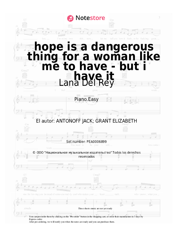 Notas ligeras Lana Del Rey - hope is a dangerous thing for a woman like me to have - but i have it - Piano.Easy