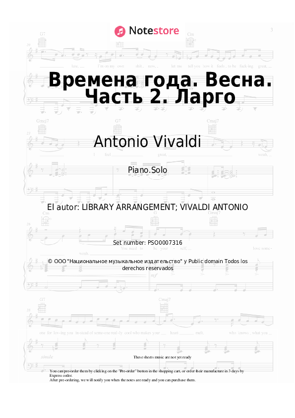 Notas Antonio Vivaldi - 4 Seasons. Spring, movement 2: Largo - Piano.Solo