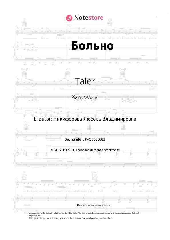 Partituras con voz. Taler - Больно - Piano&Vocal