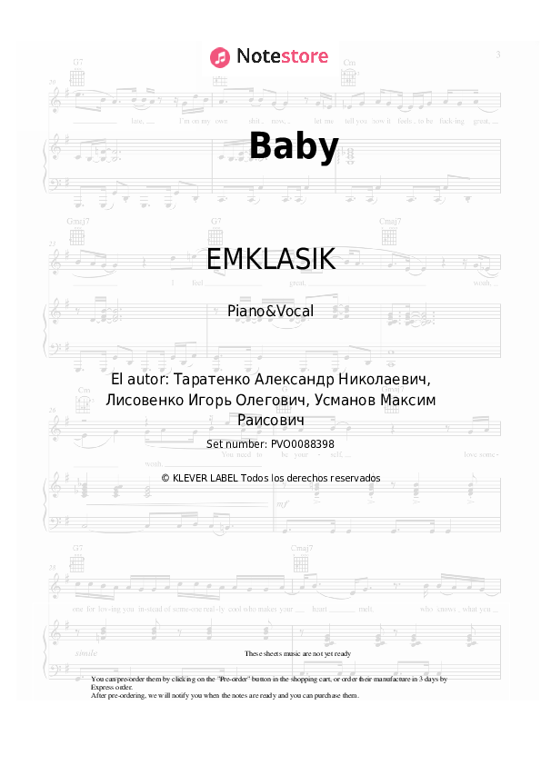 Partituras con voz. EMKLASIK - Baby - Piano&Vocal