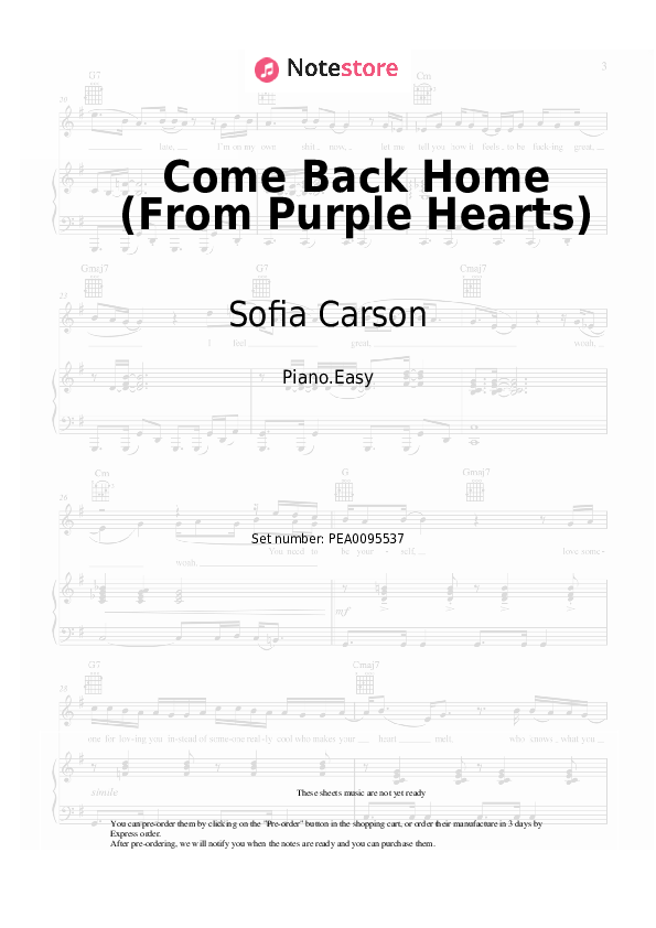 Notas ligeras Sofia Carson - Come Back Home (From Purple Hearts) - Piano.Easy