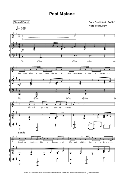 Notas, acordes Sam Feldt, RANI - Post Malone